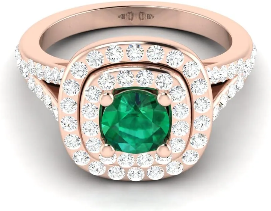 REAL-GEMS 1.12 Ct Cushion Lab Created Grade AA Green Emerald Double Halo Couples Promise Ring 14k Rose Gold Size 4 5 127