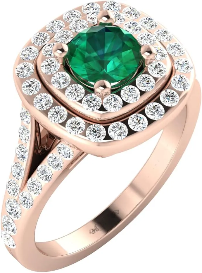 REAL-GEMS 1.12 Ct Cushion Lab Created Grade AA Green Emerald Double Halo Couples Promise Ring 14k Rose Gold Size 4 5 127