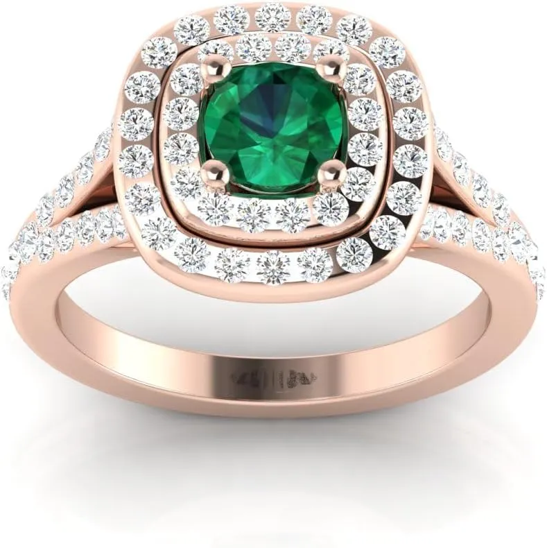 REAL-GEMS 1.12 Ct Cushion Lab Created Grade AA Green Emerald Double Halo Couples Promise Ring 14k Rose Gold Size 4 5 127