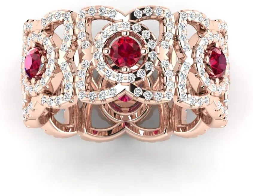 REAL-GEMS Lab Created Grade AA Red Ruby 14k Rose Gold 1.45 CT Round Cut Eternity Couples Promise Ring Size 5 6 7 54