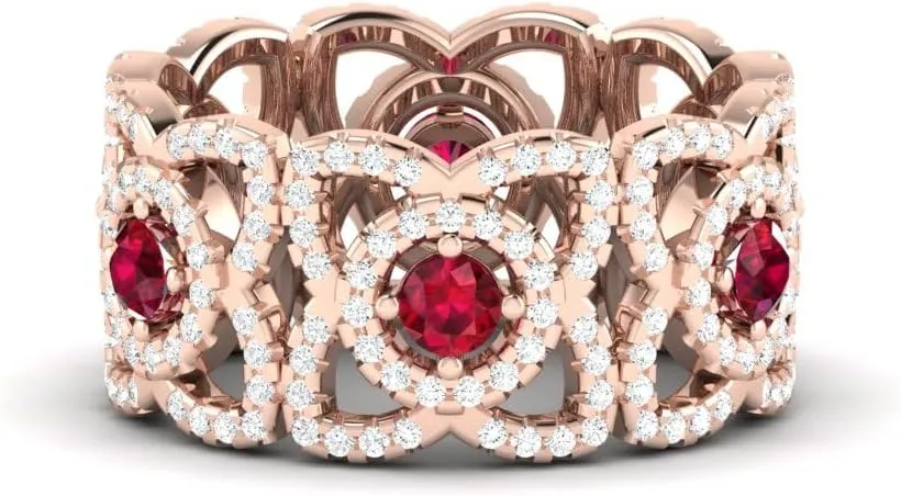 REAL-GEMS Lab Created Grade AA Red Ruby 14k Rose Gold 1.45 CT Round Cut Eternity Couples Promise Ring Size 5 6 7 54