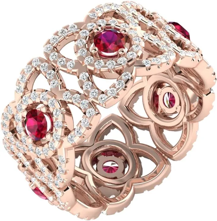 REAL-GEMS Lab Created Grade AA Red Ruby 14k Rose Gold 1.45 CT Round Cut Eternity Couples Promise Ring Size 5 6 7 54