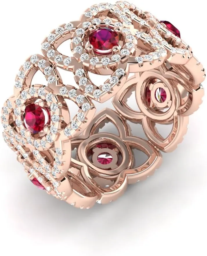 REAL-GEMS Lab Created Grade AA Red Ruby 14k Rose Gold 1.45 CT Round Cut Eternity Couples Promise Ring Size 5 6 7 54