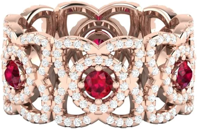 REAL-GEMS Lab Created Grade AA Red Ruby 14k Rose Gold 1.45 CT Round Cut Eternity Couples Promise Ring Size 5 6 7 54