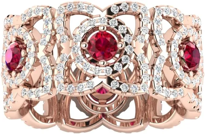 REAL-GEMS Lab Created Grade AA Red Ruby 14k Rose Gold 1.45 CT Round Cut Eternity Couples Promise Ring Size 5 6 7 54