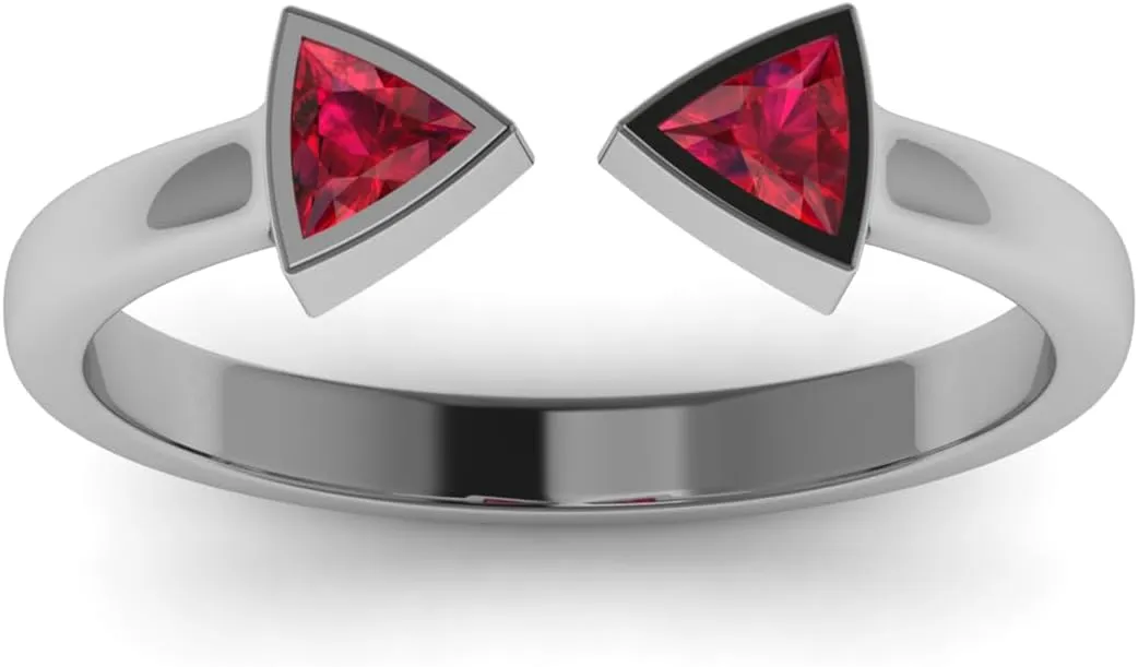 REAL-GEMS Lab Created Grade AA Red Ruby 14k White Gold 0.3 CT Trillion Shape Two Stone Style Couples Promise Ring
