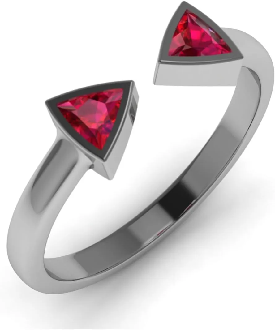 REAL-GEMS Lab Created Grade AA Red Ruby 14k White Gold 0.3 CT Trillion Shape Two Stone Style Couples Promise Ring