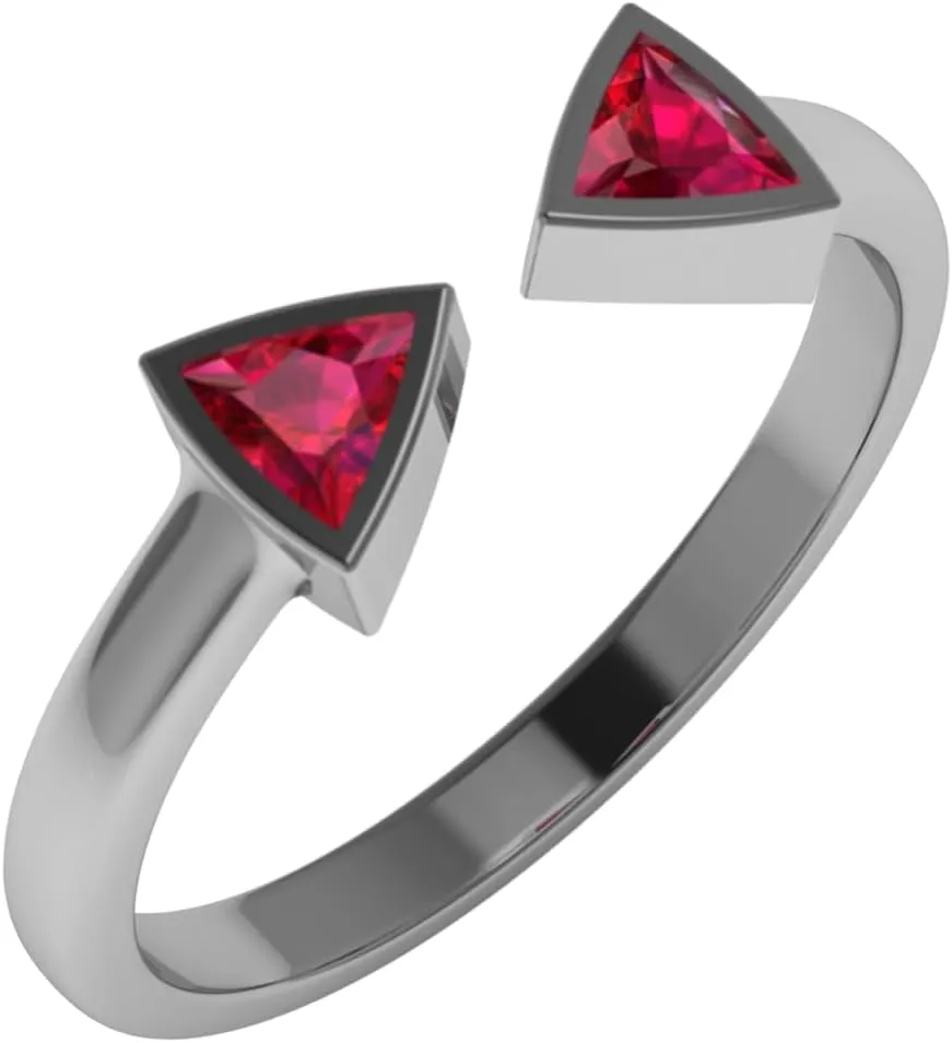 REAL-GEMS Lab Created Grade AA Red Ruby 14k White Gold 0.3 CT Trillion Shape Two Stone Style Couples Promise Ring