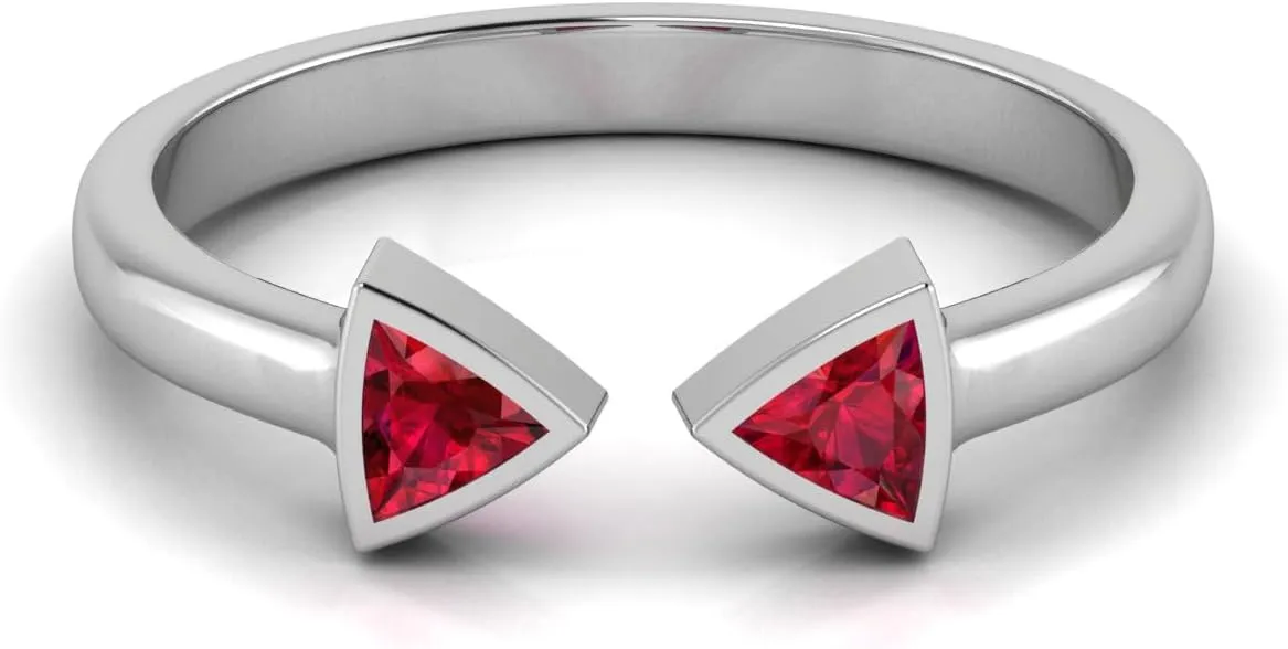 REAL-GEMS Lab Created Grade AA Red Ruby 14k White Gold 0.3 CT Trillion Shape Two Stone Style Couples Promise Ring