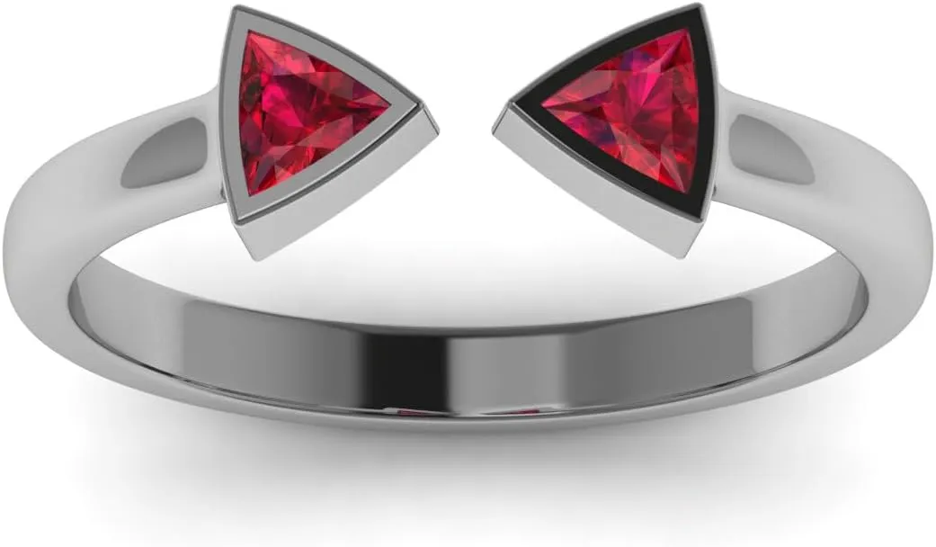 REAL-GEMS Lab Created Grade AA Red Ruby 14k White Gold 0.3 CT Trillion Shape Two Stone Style Couples Promise Ring