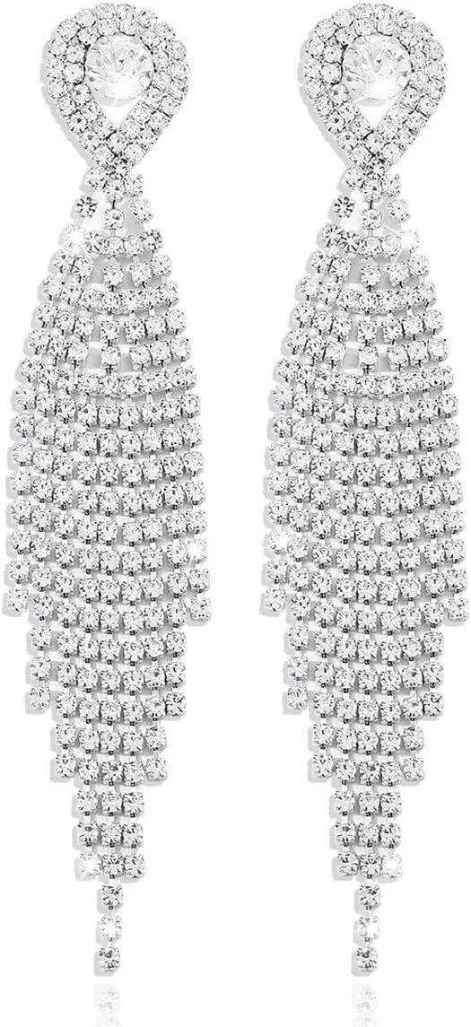 Rhinestone Tassel Earrings for Women Sparkly Prom Dangle Earrings Long Chandelier Bling Crystal Drop Statement Earrings Wedding Party Prom Dress Jewerly Gifts