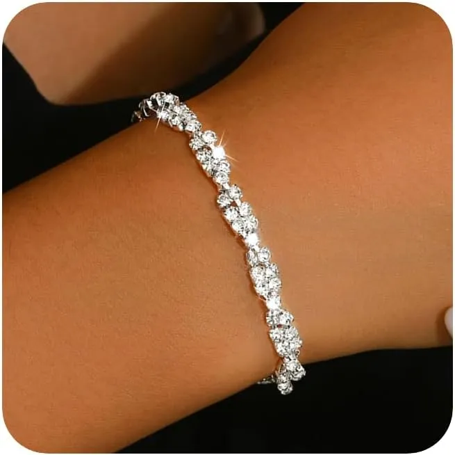 Rhinestone Wedding Bracelets for Women, Silvery Dainty Crystal Stackable Bracelets for Wedding Prom Party 1920s Hand Chain Bracelet