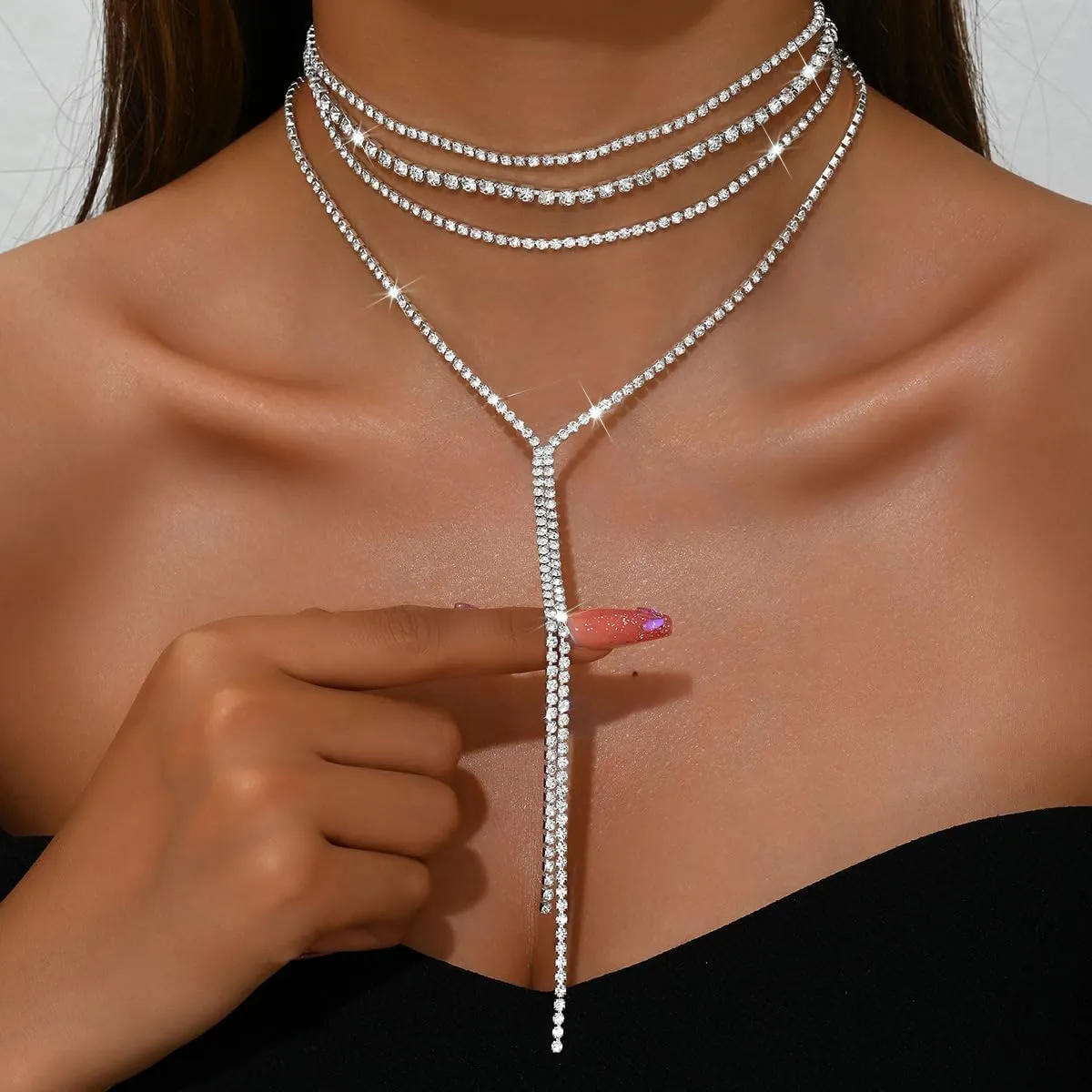 Ronglry Rhinestone Choker Necklace for Women Silver Diamond Choker Necklaces for Women Sparkly Crystal Rhinestone Necklace for Women Silver Chokers for Women Party Prom Wedding Jewelry Accessories
