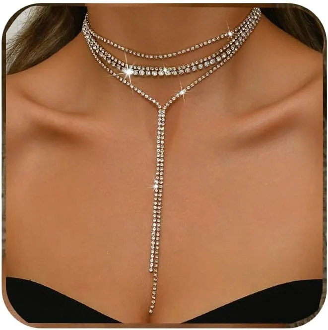 Ronglry Rhinestone Choker Necklace for Women Silver Diamond Choker Necklaces for Women Sparkly Crystal Rhinestone Necklace for Women Silver Chokers for Women Party Prom Wedding Jewelry Accessories