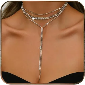 Ronglry Rhinestone Choker Necklace for Women Silver Diamond Choker Necklaces for Women Sparkly Crystal Rhinestone Necklace for Women Silver Chokers for Women Party Prom Wedding Jewelry Accessories