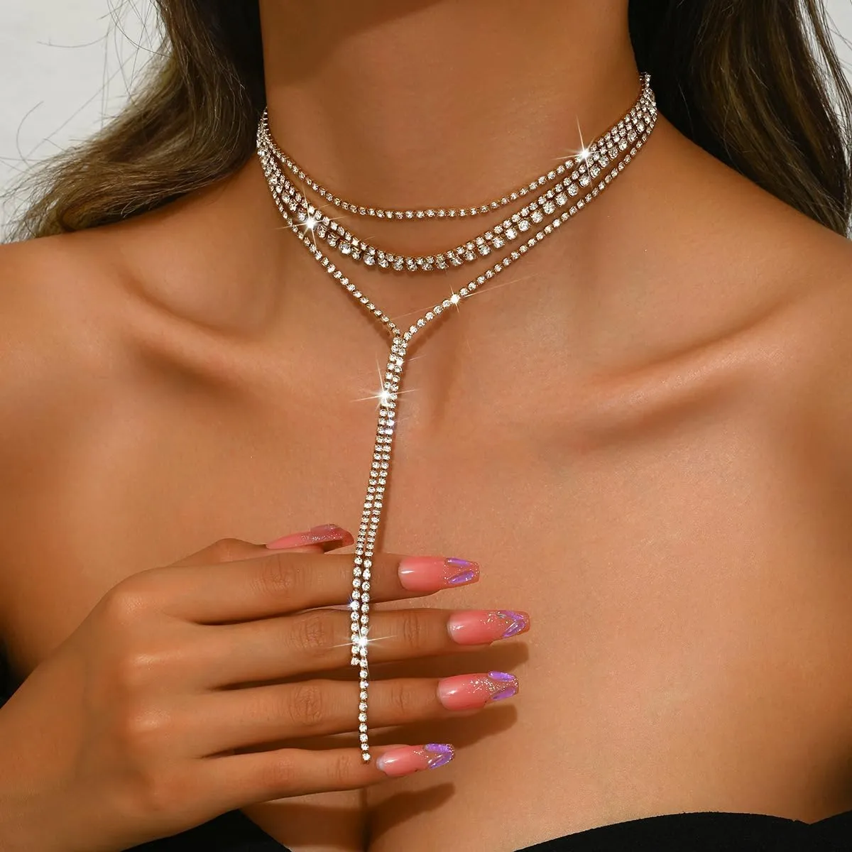 Ronglry Rhinestone Choker Necklace for Women Silver Diamond Choker Necklaces for Women Sparkly Crystal Rhinestone Necklace for Women Silver Chokers for Women Party Prom Wedding Jewelry Accessories
