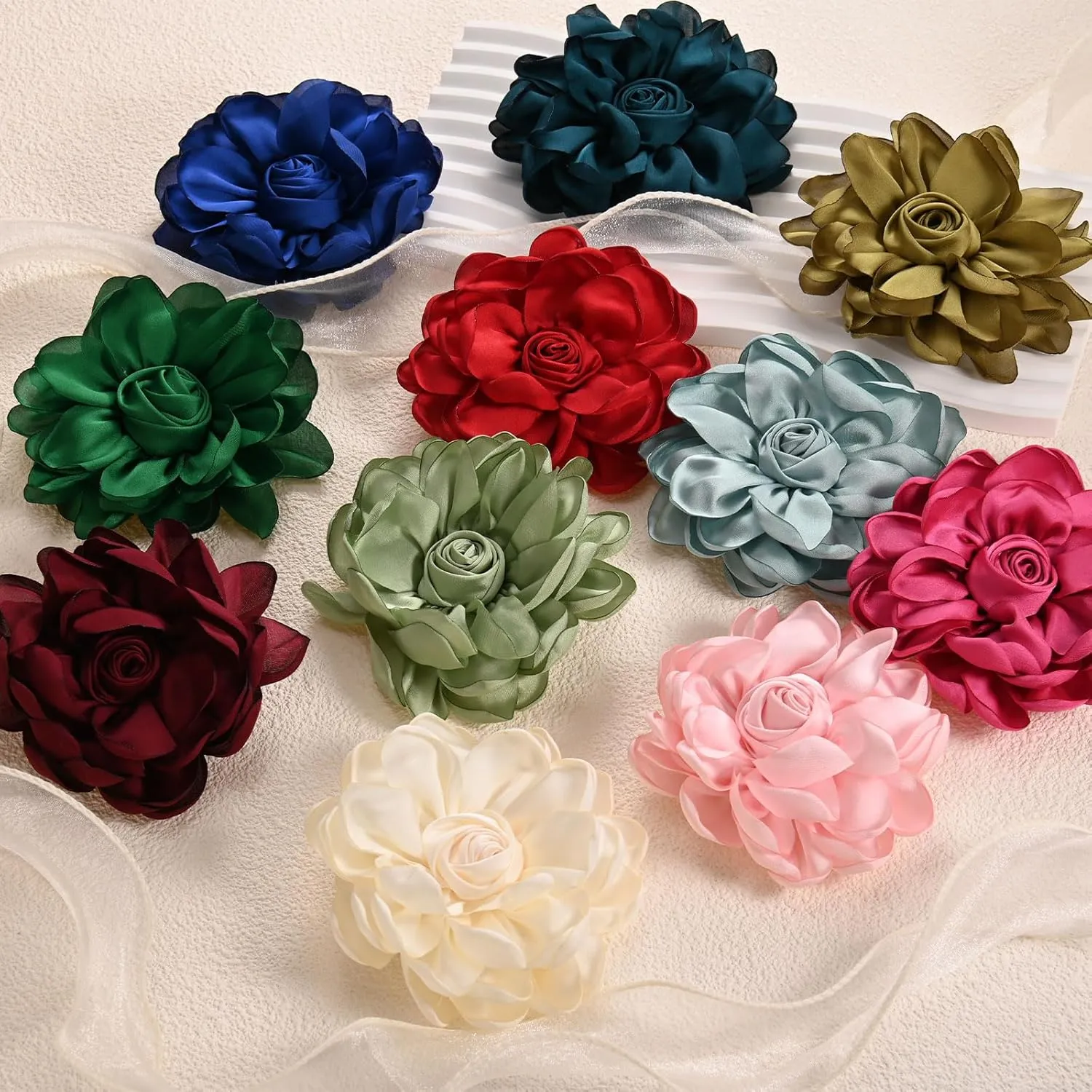 Rose Flower Brooches and Pins for Women, Lapel Pins Dainty Satin Fabric Big Camellia Hair Flowers Clips for Wedding/Parties/Clothes