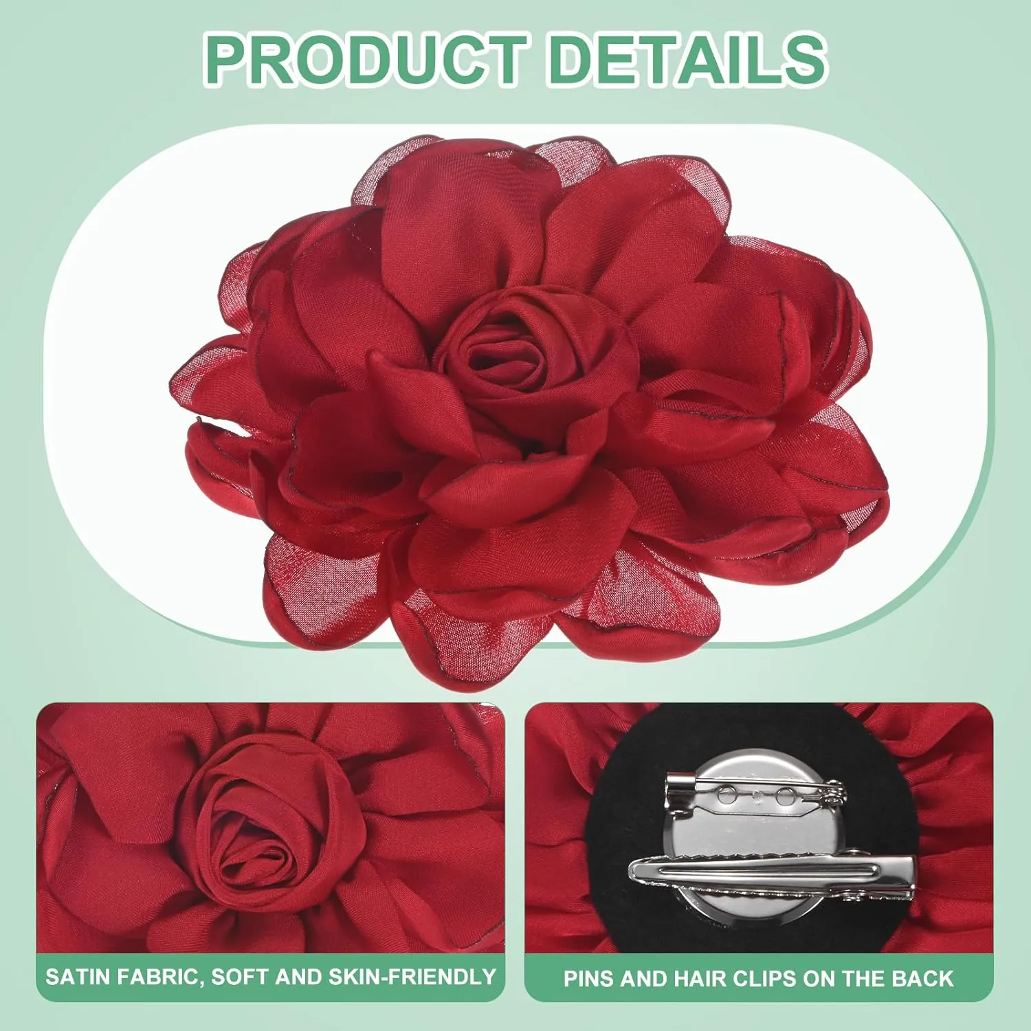 Rose Flower Brooches and Pins for Women, Lapel Pins Dainty Satin Fabric Big Camellia Hair Flowers Clips for Wedding/Parties/Clothes/Jewelry