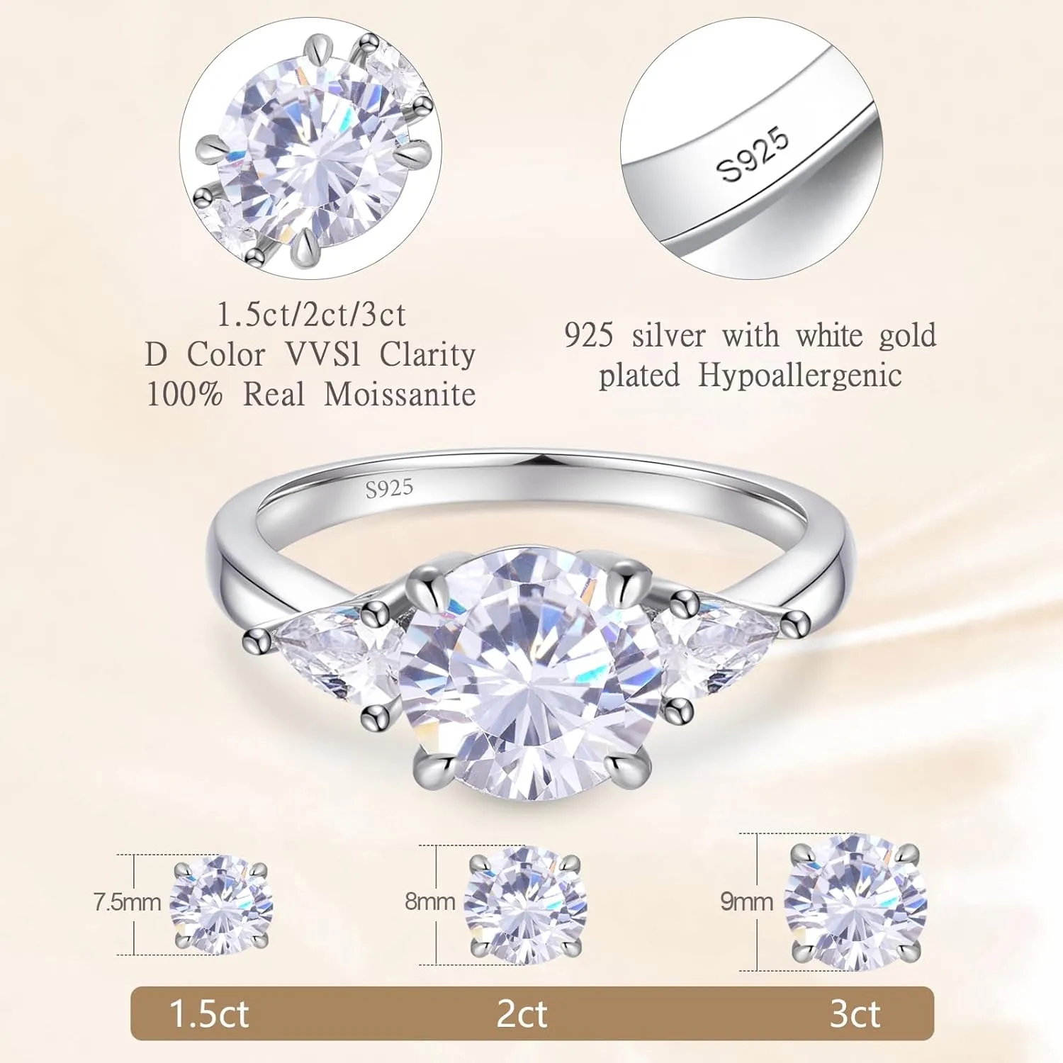 Round/Flower Moissanite Engagement Rings for Women,Engagement Promise Ring in 925 Sterling Silver with 18K White Gold Plated,D Color VVS1 Moissanite Wedding Rings 1.5/2/3CT