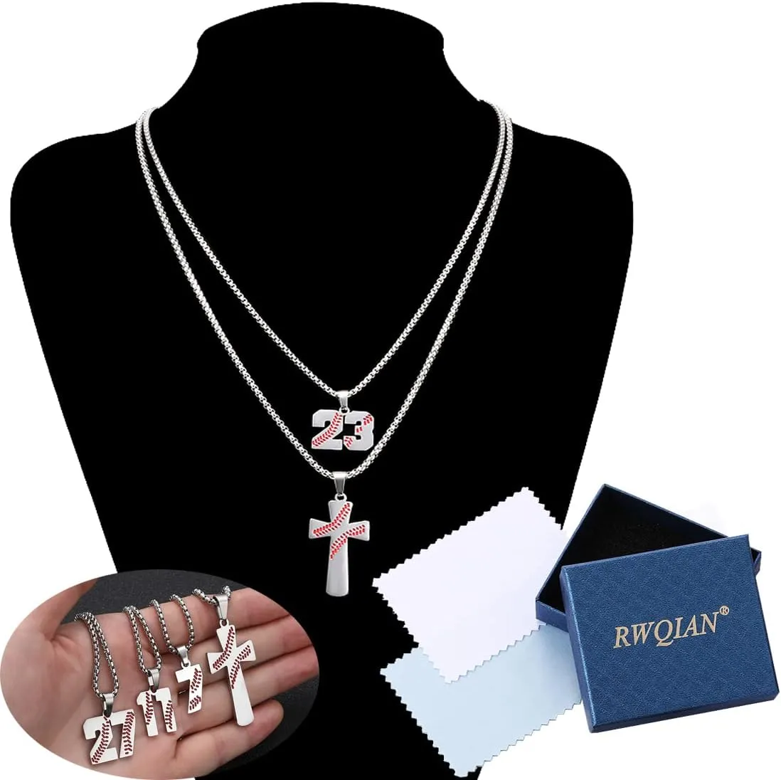 RWQIAN 2PCS Baseball Necklace for Boys Baseball Number Pendant Necklace Stainless Steel Mens Baseball Cross and Number Chain Set,I CAN DO ALL THINGS Strength Bible Verse Cross Necklace Sport Jewelry