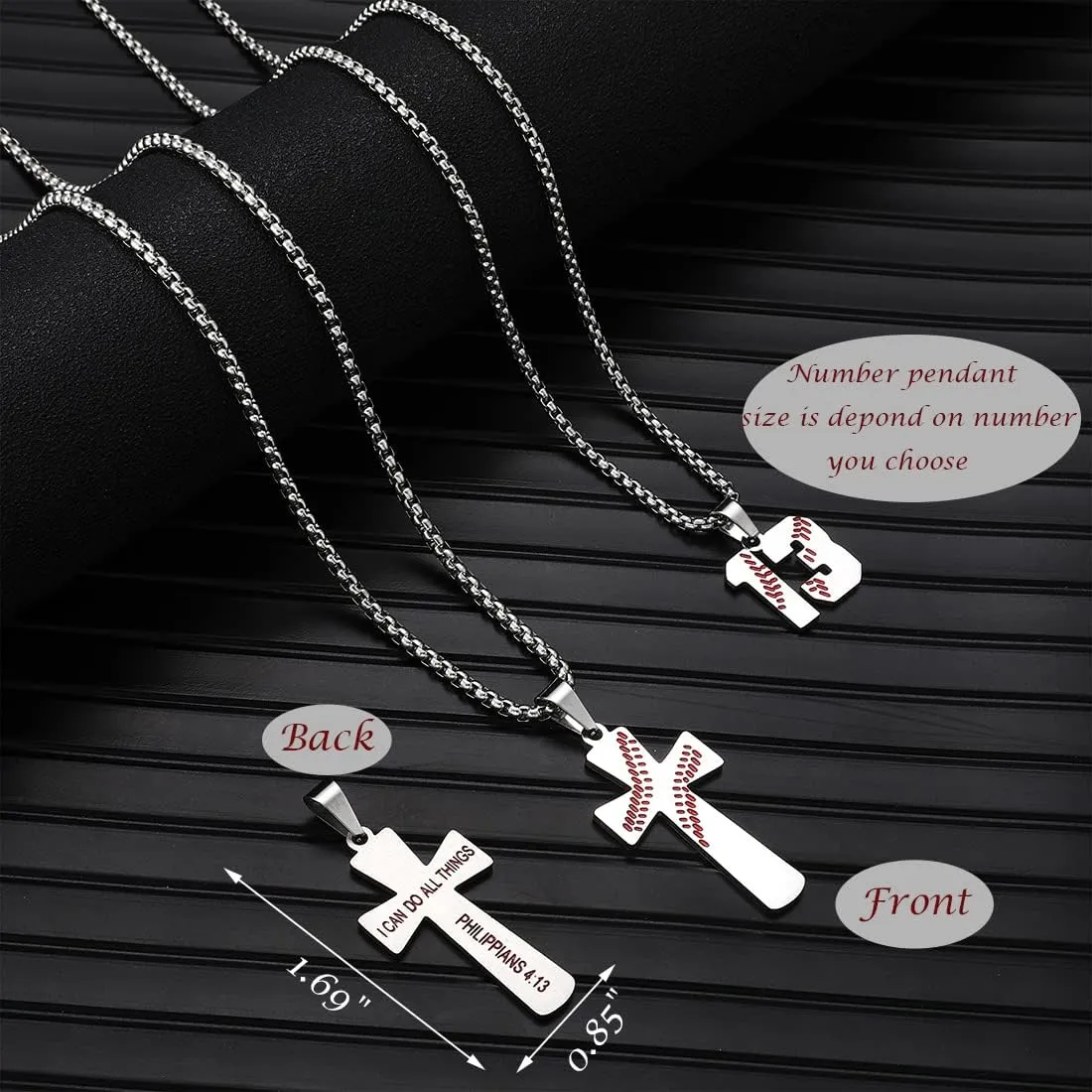 RWQIAN 2PCS Baseball Necklace for Boys Baseball Number Pendant Necklace Stainless Steel Mens Baseball Cross and Number Chain Set,I CAN DO ALL THINGS Strength Bible Verse Cross Necklace Sport Jewelry