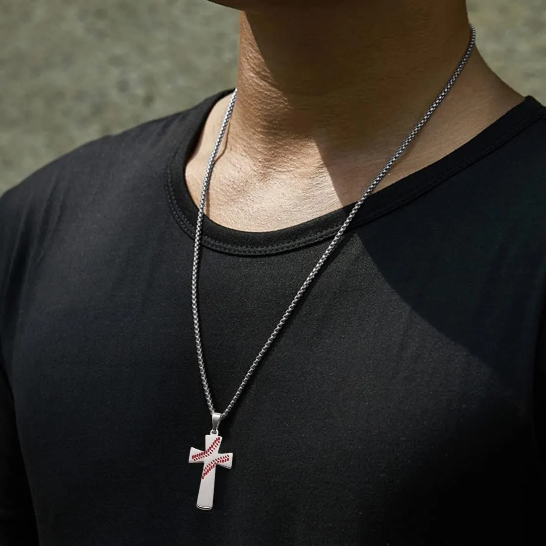 RWQIAN 2PCS Baseball Necklace for Boys Baseball Number Pendant Necklace Stainless Steel Mens Baseball Cross and Number Chain Set,I CAN DO ALL THINGS Strength Bible Verse Cross Necklace Sport Jewelry