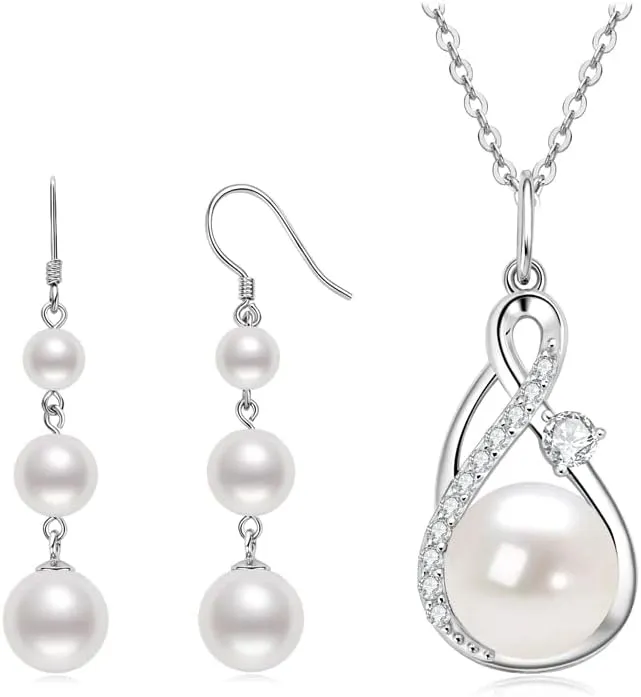 Shell Pearl Dangle Earrings and Moissanite Freshwater Pearl Necklace Wedding Jewelry Set Gift for Bride Women