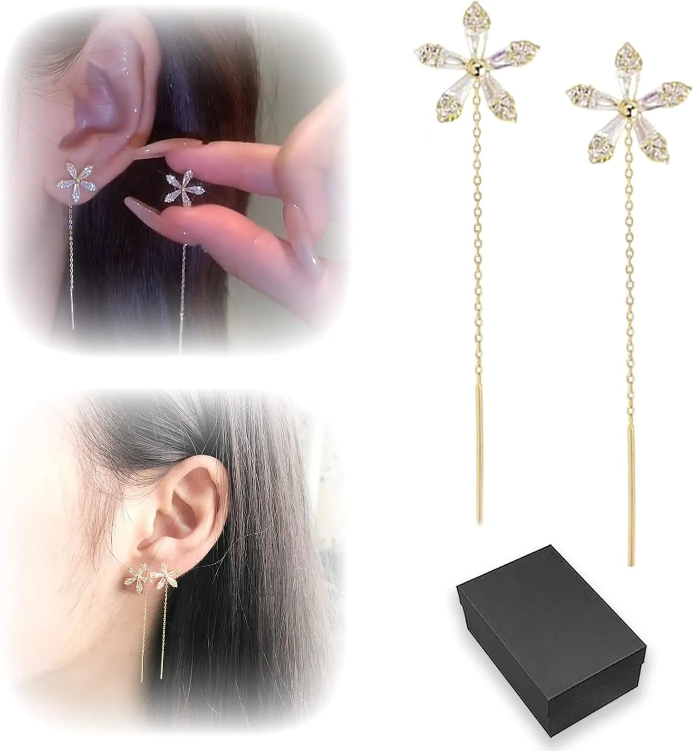 Shiny Diamond Flower Earrings, 925 Silver Stud Earrings Statement Temperament Zircon Cherry Blossom Earrings, Hypoallergenic Chain Dangle Drop Tassel Threader Earrings Jewelry for Women