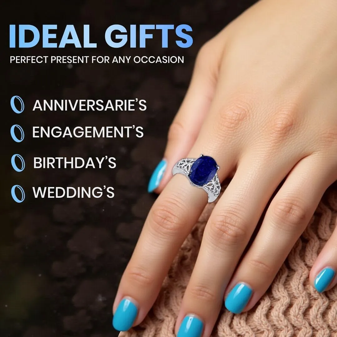 Shop LC Blue Lapis Lazuli Ring - Birthstone Rings for Women in Stainless Steel - Statement Promise Gemstone Jewelry Birthday Gifts for Her