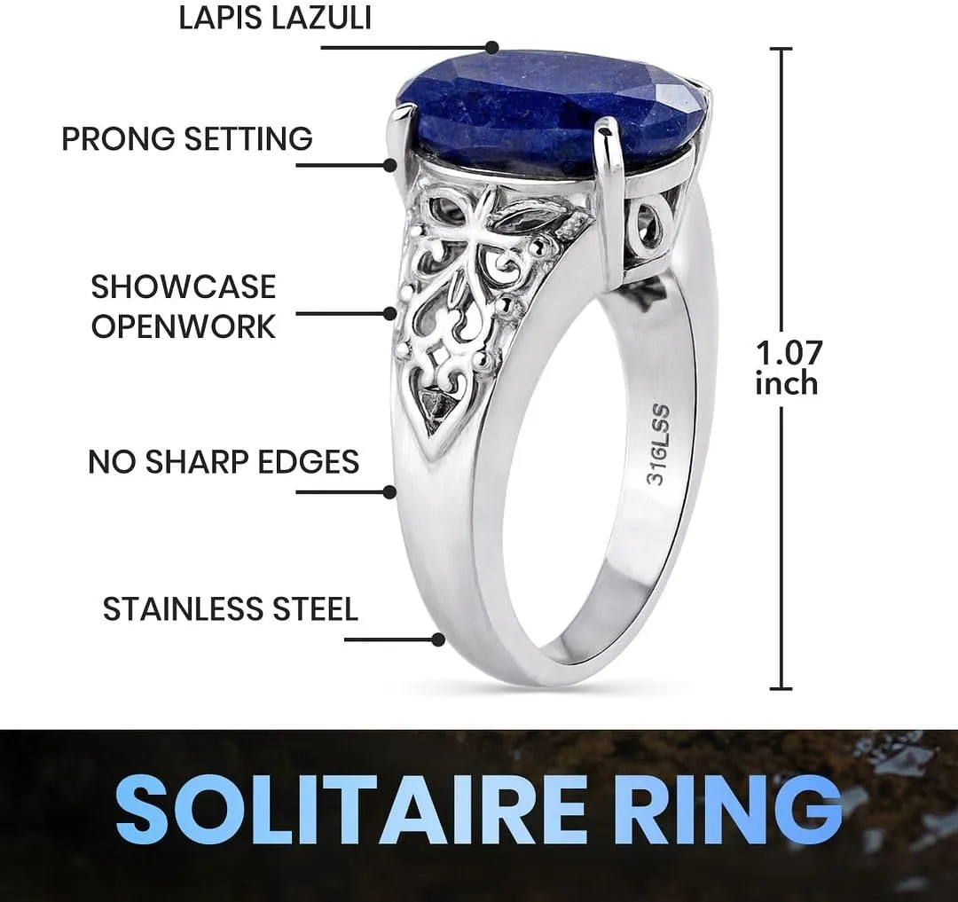 Shop LC Blue Lapis Lazuli Ring - Birthstone Rings for Women in Stainless Steel - Statement Promise Gemstone Jewelry Birthday Gifts for Her