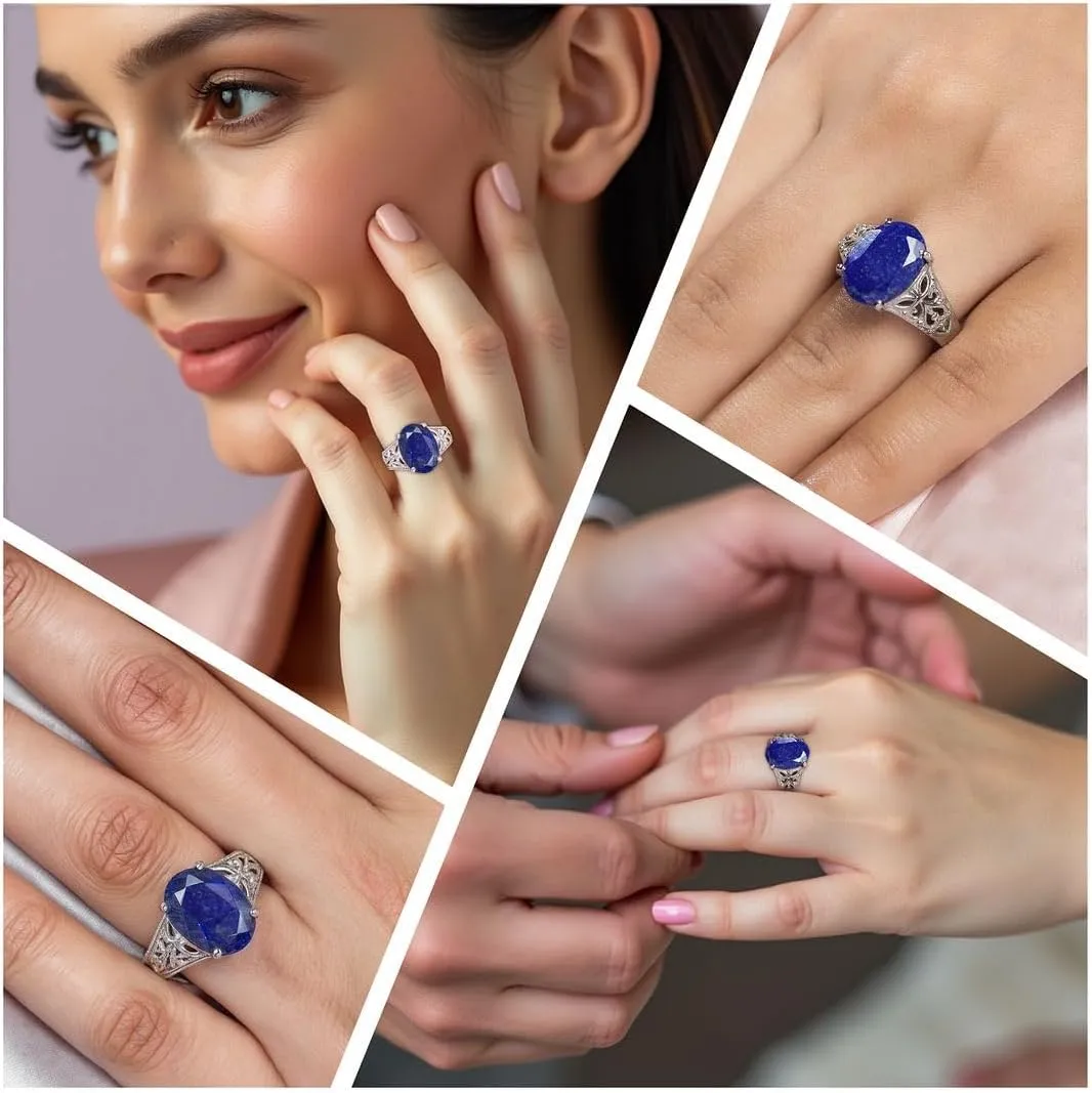 Shop LC Blue Lapis Lazuli Ring - Birthstone Rings for Women in Stainless Steel - Statement Promise Gemstone Jewelry Birthday Gifts for Her