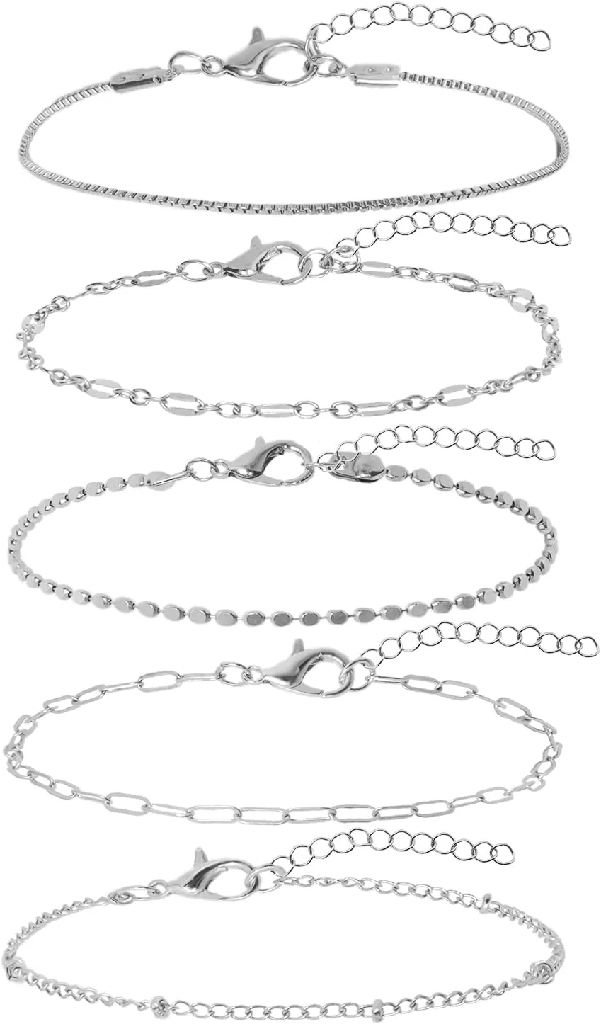 Silver Bracelets Stack for Women Dainty Silver Bracelets Waterproof Jewelry Sterling Silver for Women Minimalist Cute Small Thin Bracelet Set