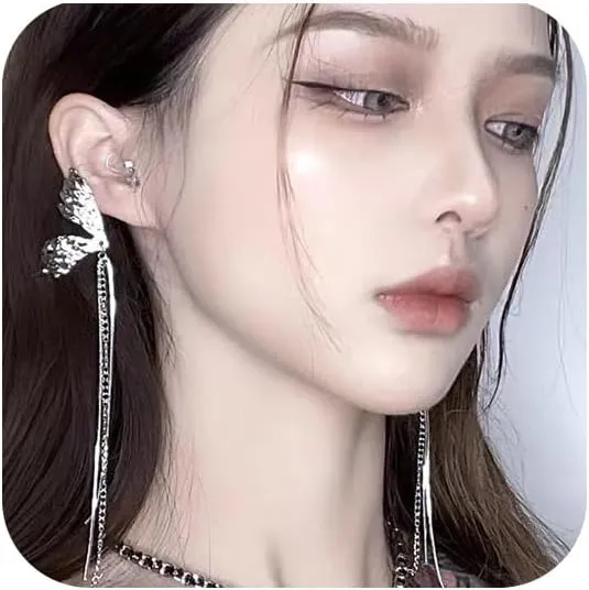Silver Butterfly Pendant Tassel Earrings for Women, Butterfly Long Drop Dangle Earrings Butterfly Drop Studs Earrings Tassel Chain