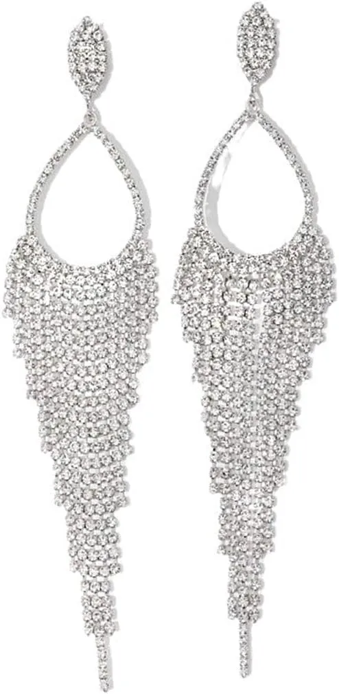 Silver Chandelier Earrings for Women,Sparkly Rhinestone Dangle Earrings Long Crystal Tassel Dangling Earring,Charm Prom Jewelry Accessories Gift
