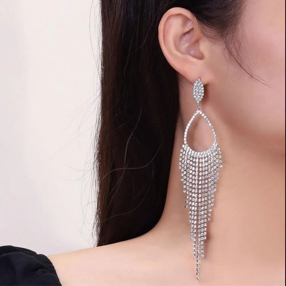 Silver Chandelier Earrings for Women,Sparkly Rhinestone Dangle Earrings Long Crystal Tassel Dangling Earring,Charm Prom Jewelry Accessories Gift