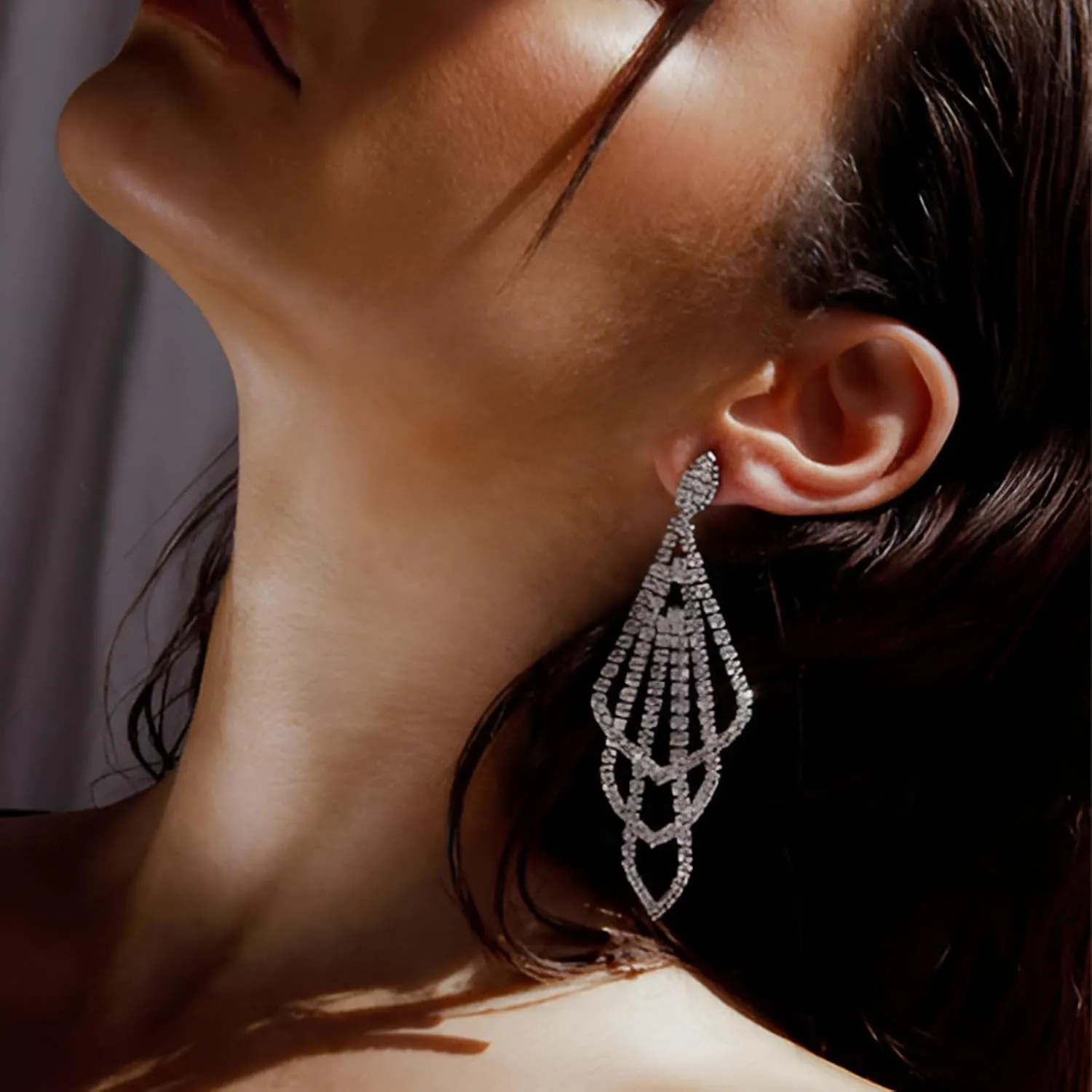 Silver Rhinestone Rectangle Dangle Earrings for Women Cubic Zirconia Crystal Dangle Earrings Long Chandelier Earrings Multi Layer Tassel Earrings Wedding Bridal Jewelry