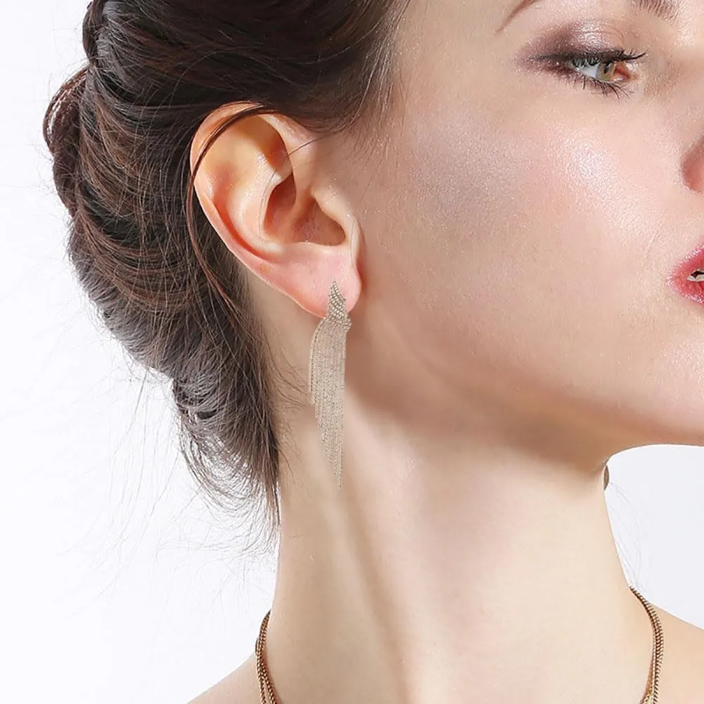 Silver Rhinestone Tassel Dangle Drop Earrings, Shiny Perforated Dangling Earrings, Dainty Wedding Bridesmaid Jewelry Gifts for Women