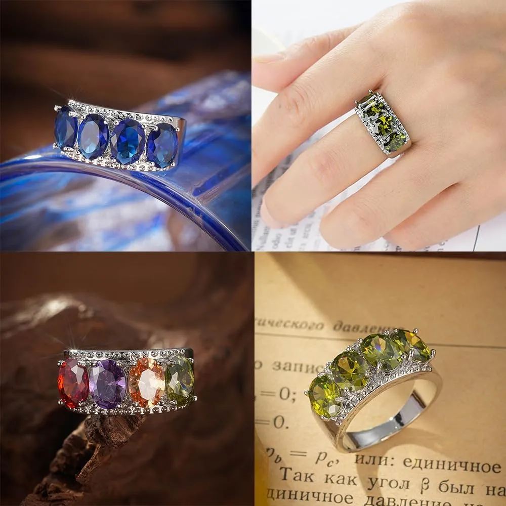 Silver Ring for Women Wide, Multicolor Band Baguette Gemstone Rings, Silver Plated Knuckle Women Rings Jewelry Size 6-10(Green,8)
