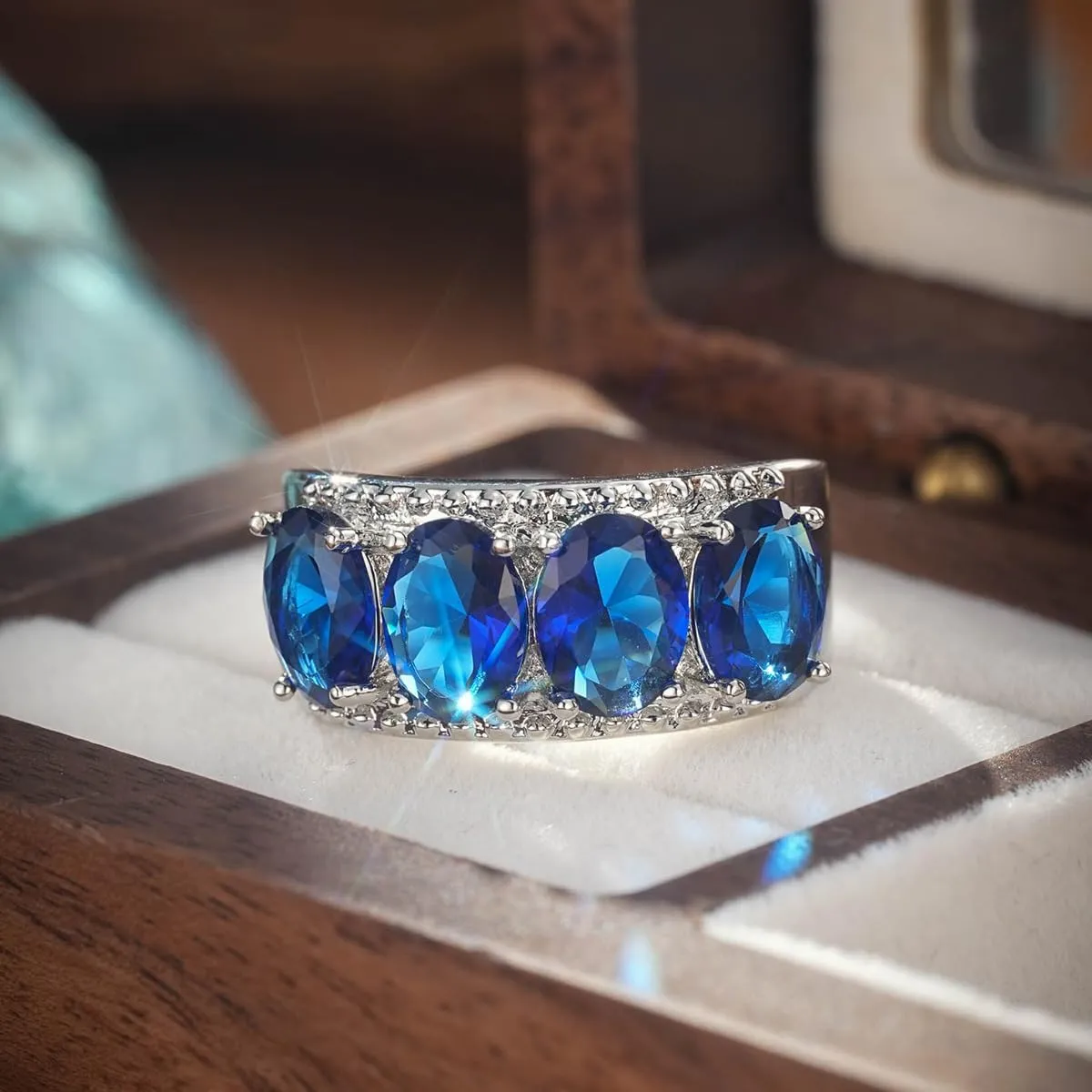 Silver Ring for Women Wide, Multicolor Band Baguette Gemstone Rings, Silver Plated Knuckle Women Rings Jewelry Size 6-10(Green,8)