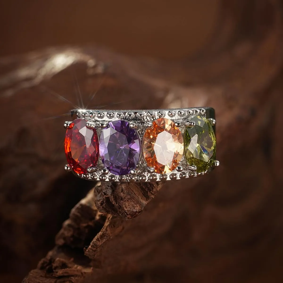 Silver Ring for Women Wide, Multicolor Band Baguette Gemstone Rings, Silver Plated Knuckle Women Rings Jewelry Size 6-10(Green,8)