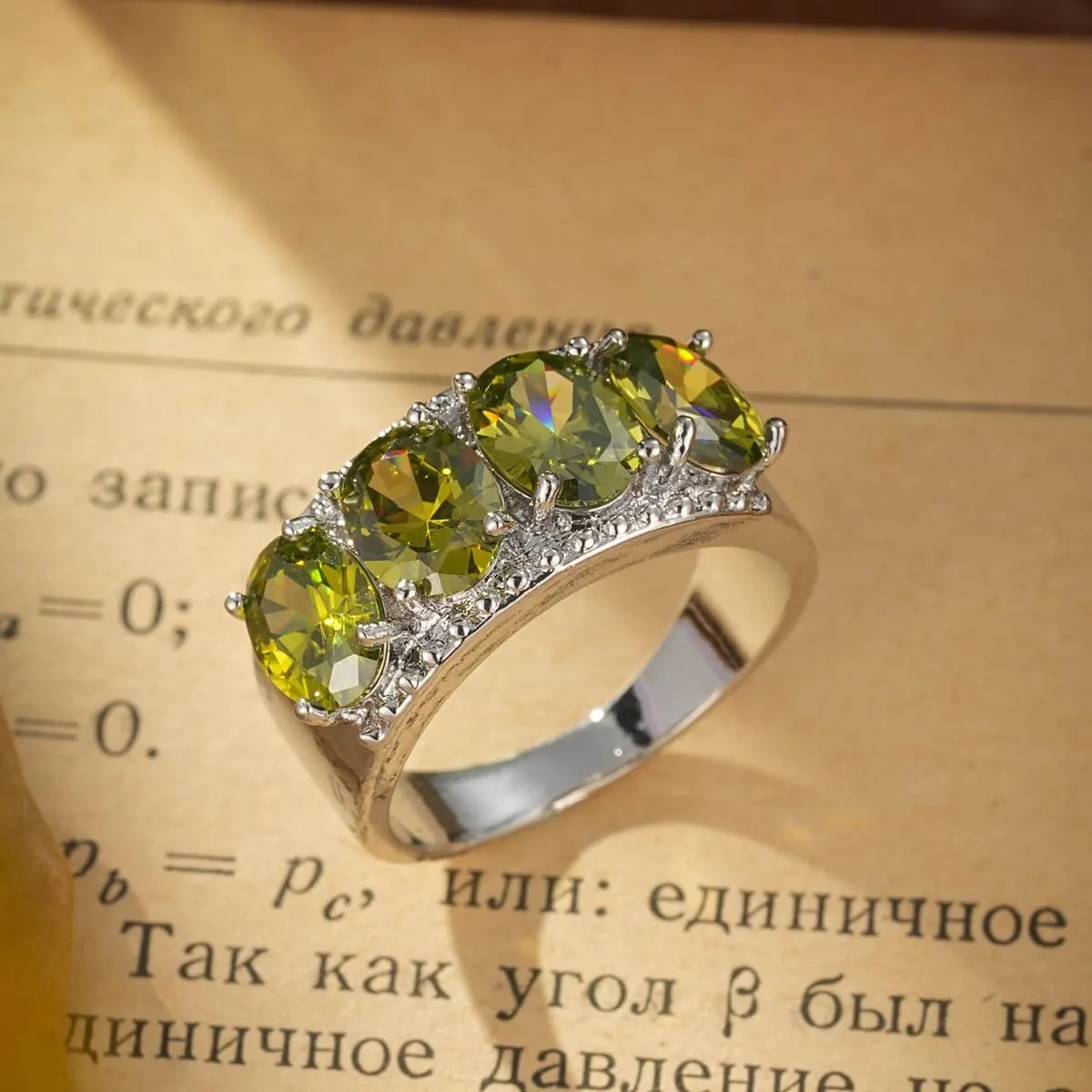 Silver Ring for Women Wide, Multicolor Band Baguette Gemstone Rings, Silver Plated Knuckle Women Rings Jewelry Size 6-10(Green,8)