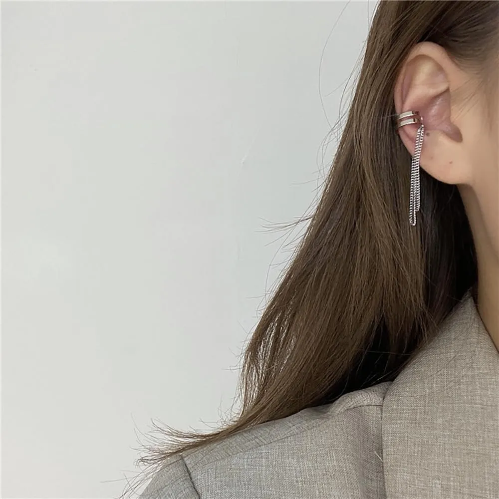 Silver Tassel Chain Ear Clip for Women Teen Girls 14k Gold No Piercing Cartilage Cuff Drop Dangle Earrings Layered Minimalist Wrap Earrings Jewelry