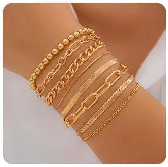 Sither 8 Pcs Bracelets Set for Women Gold Link Beads Bracelets Pack Boho Jewelry for Halloween Party Christmas Gift