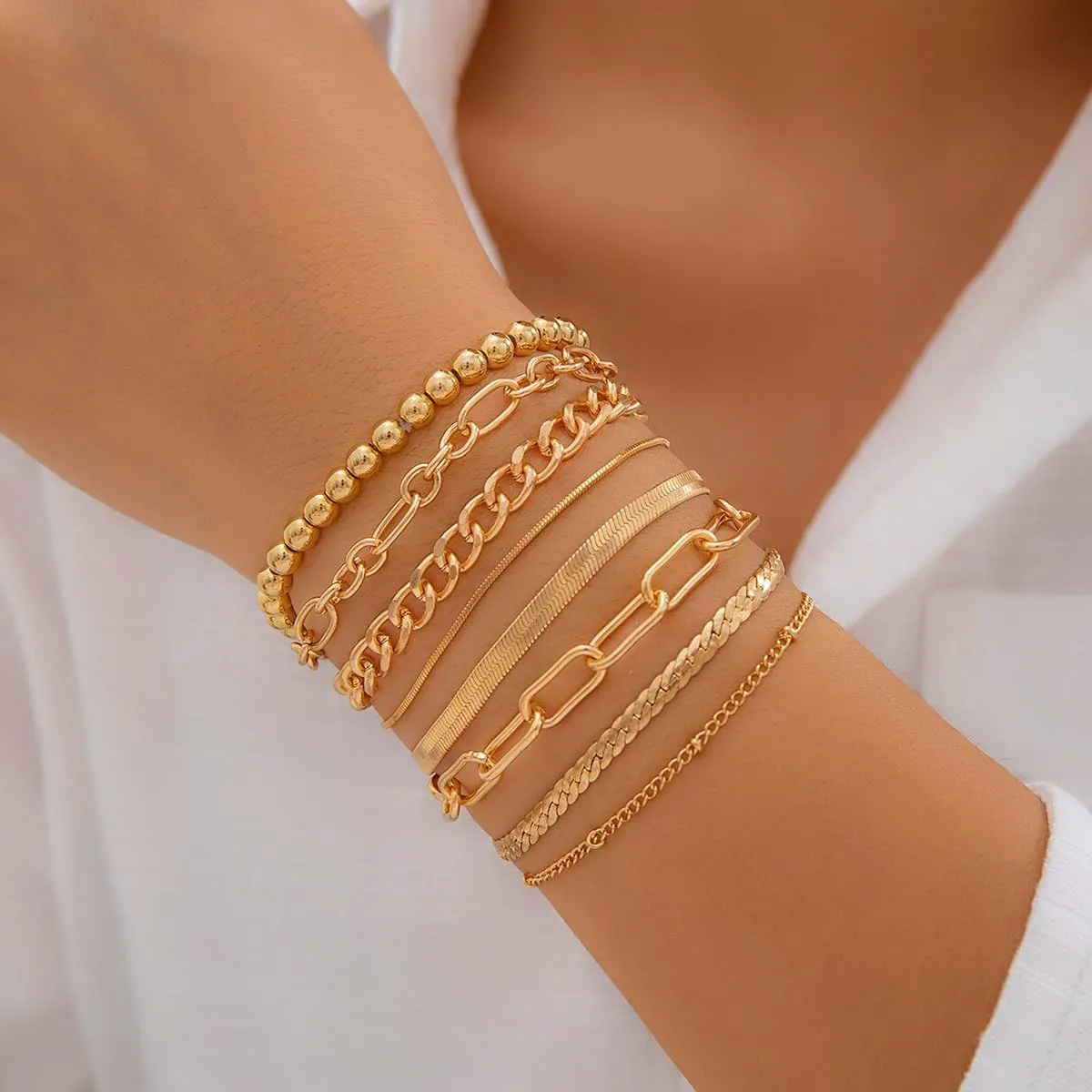 Sither 8 Pcs Bracelets Set for Women Gold Link Beads Bracelets Pack Boho Jewelry for Halloween Party Christmas Gift