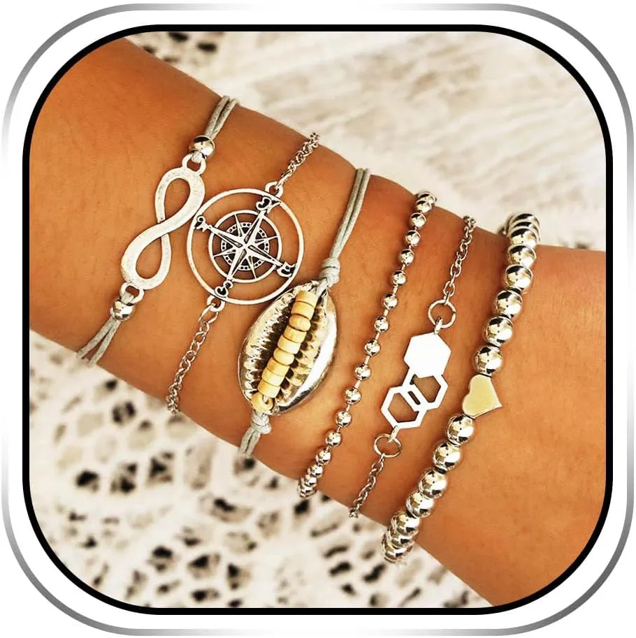 Sixexey Boho Layered Bracelet Silver Beads Bracelet Set Shell Bracelet Jewelry Stackable Rope Bracelet Accessories Gift for Women