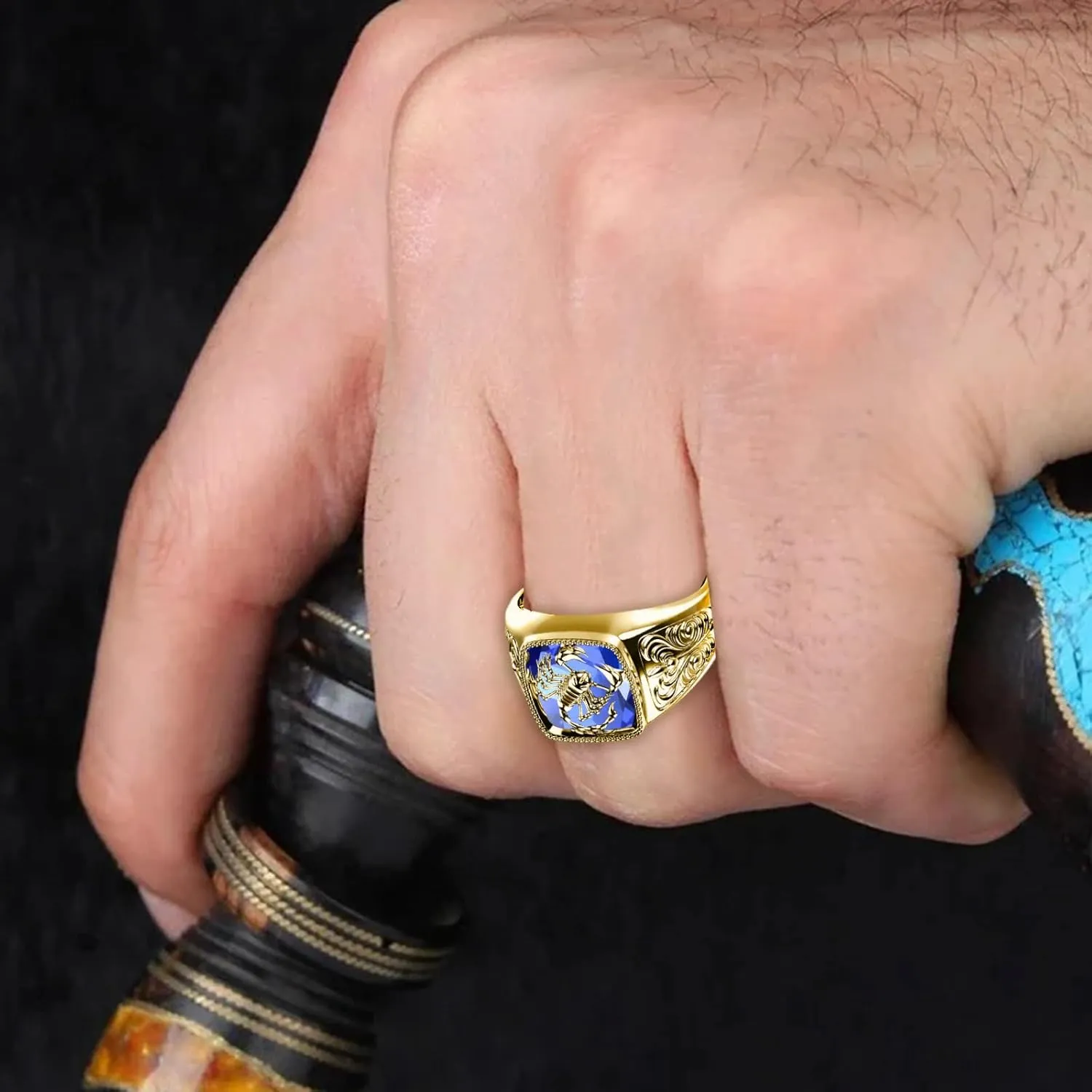 Solid 10K 14K 18K Gold Gemstone Men Rings,Thumb Men Gold Rings,1.0-5.0 Ct Square-Shape Ruby,Onyx,Emerald,Sapphire,Amethyst??Punk Scorpion Gemstone Rings,Size 4-16
