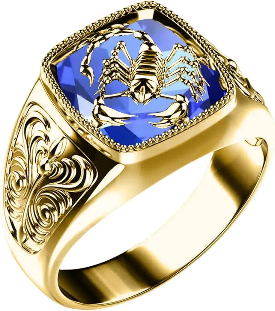 Solid 10K 14K 18K Gold Gemstone Men Rings,Thumb Men Gold Rings,1.0-5.0 Ct Square-Shape Ruby,Onyx,Emerald,Sapphire,Amethyst??Punk Scorpion Gemstone Rings,Size 4-16