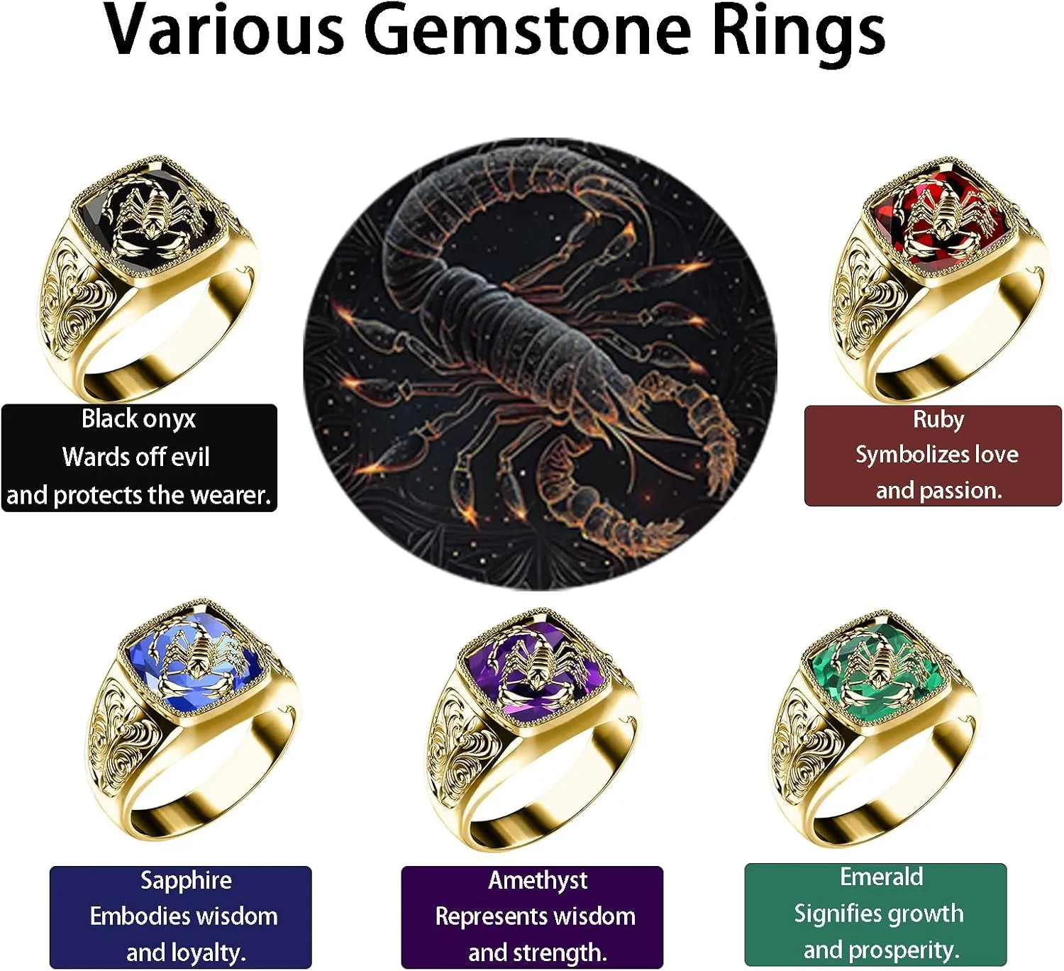 Solid 10K 14K 18K Gold Gemstone Men Rings,Thumb Men Gold Rings,1.0-5.0 Ct Square-Shape Ruby,Onyx,Emerald,Sapphire,Amethyst??Punk Scorpion Gemstone Rings,Size 4-16