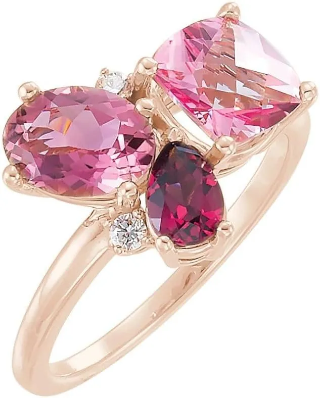 Solid 14k Rose Gold Multi-Gemstone and .05 Cttw Diamond Cluster Ring Band (Width = 12.2mm) - Size 7