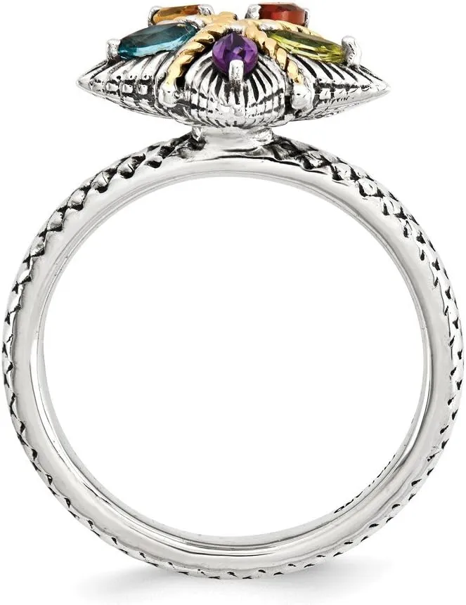 Solid 925 Sterling Silver and 14k Yellow Gold Stackable Gemstone Vintage Antiqued Ring Eternity Band